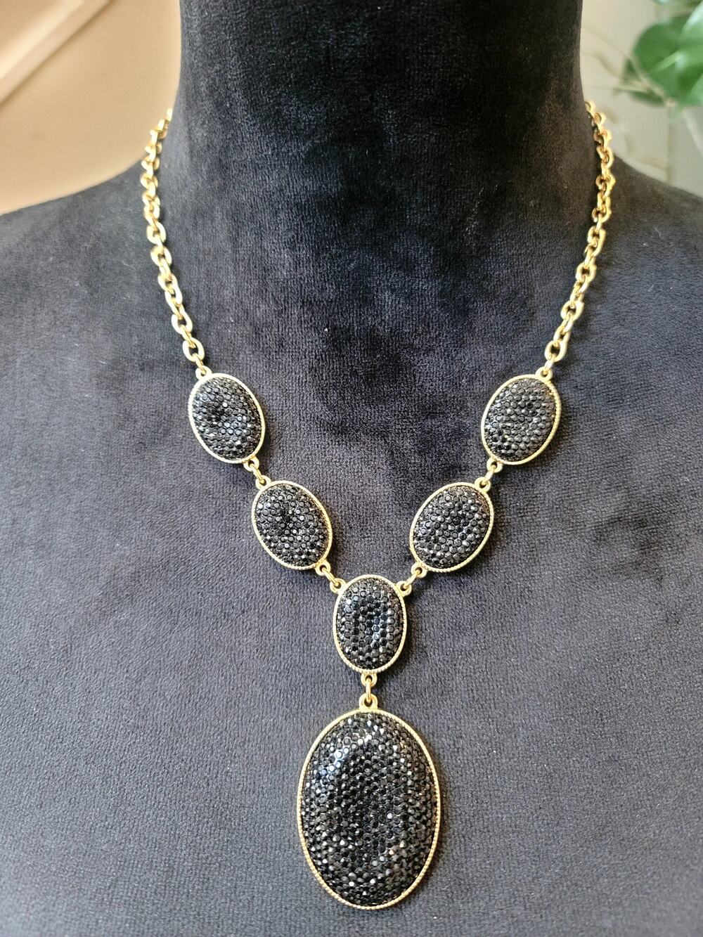 Vintage Black Crystal Statement Pendant Necklace Gold Tone Oval Pave Bib Collar